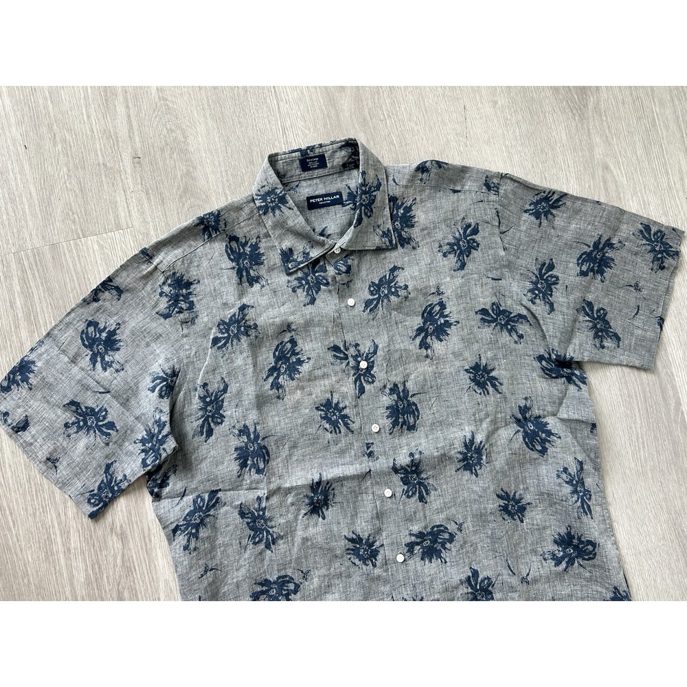 Peter Millar Collection Mens XL Gray Linen Palm Leaf SS Button Up Shirt